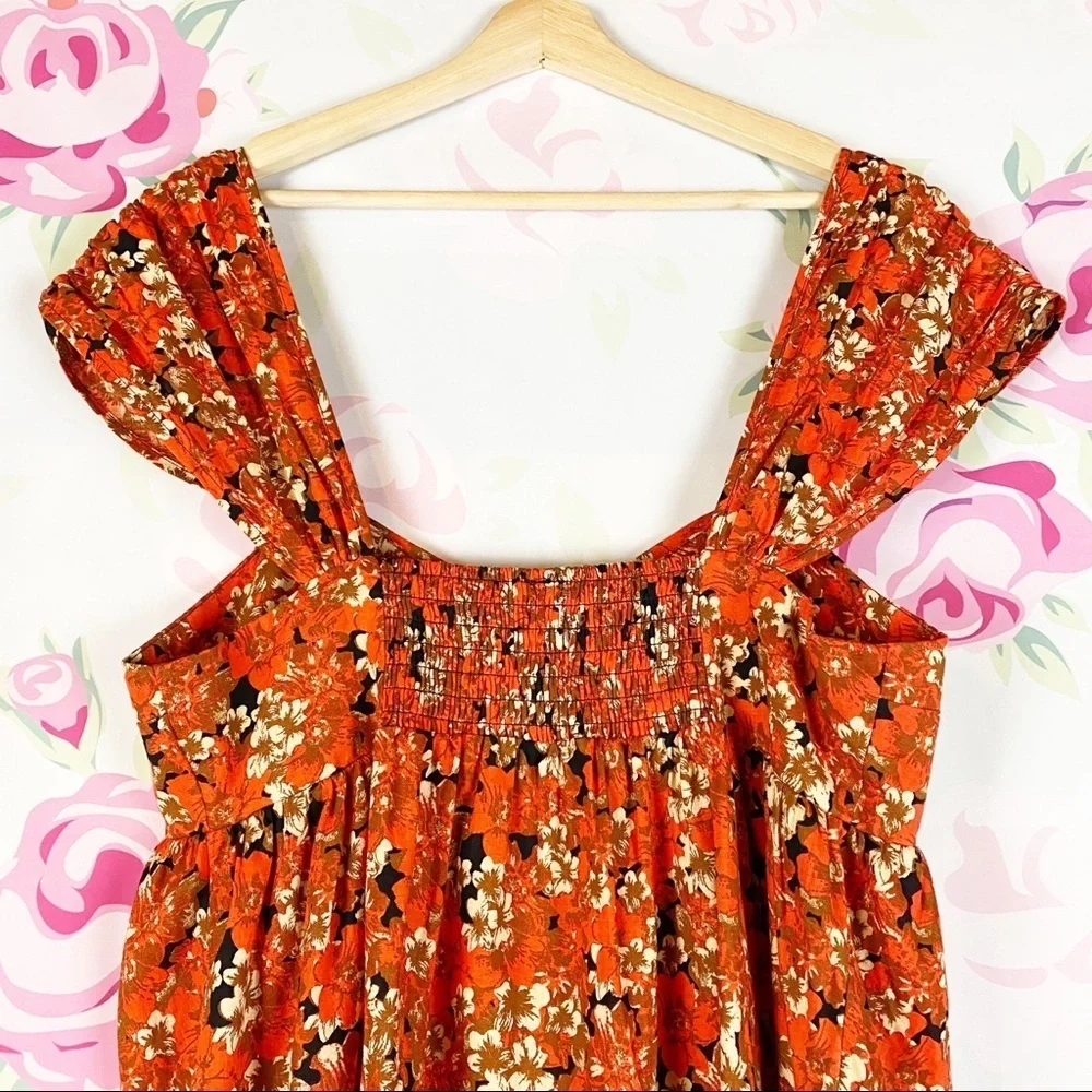 NEW Free People Orange Floral Pattern Play Linen Mini Dress L